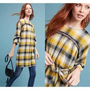 Anthropologie Maeve black yellow plaid tunic top waist tie half sleeve